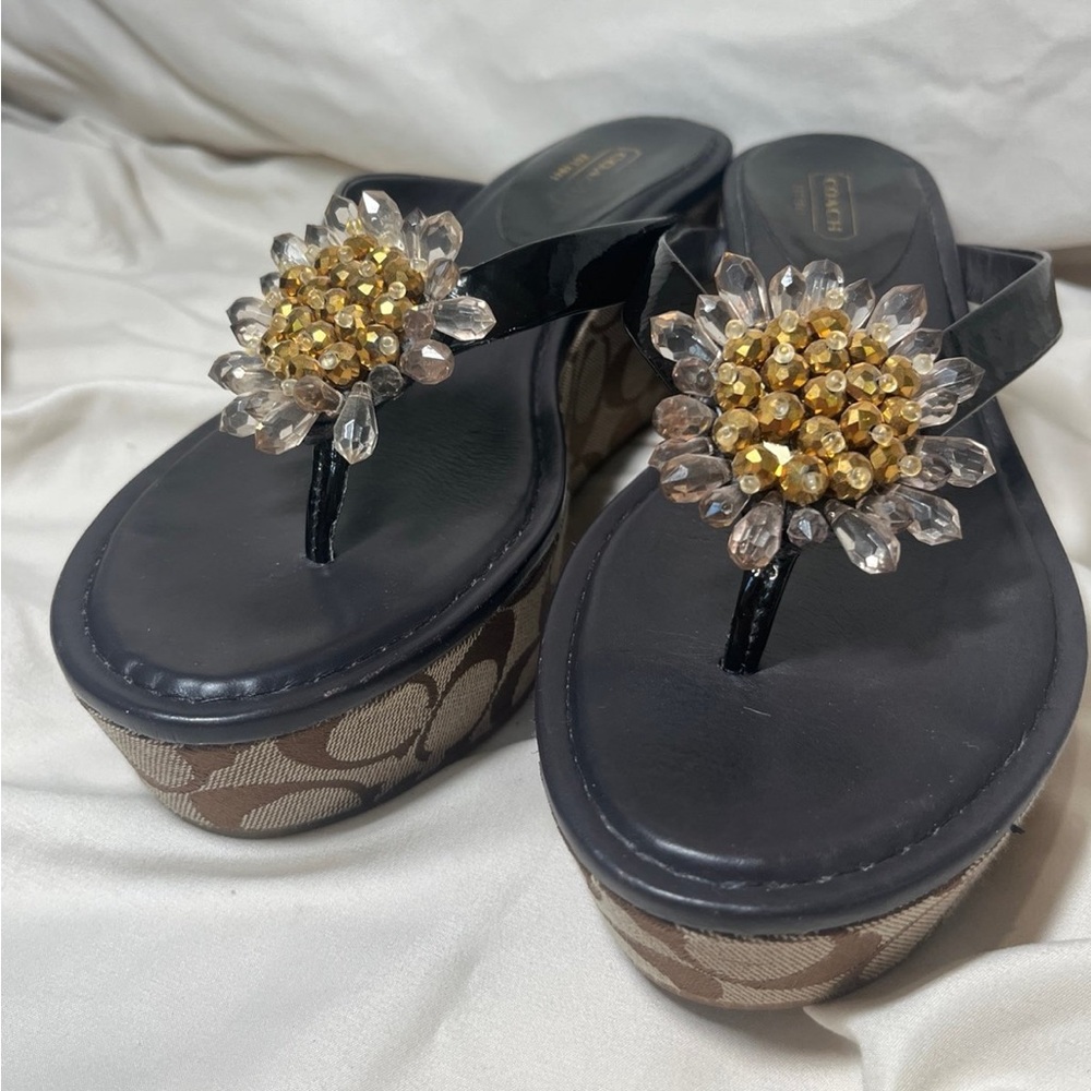 Coach Norice Brown Logo Wedge Thong Brooch Sandals, 9.5M
